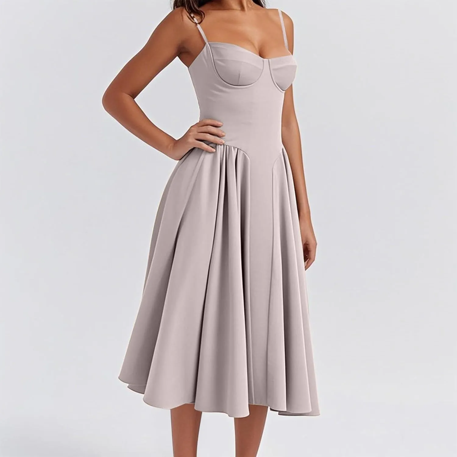 2025 Corset Dress for Women Elegant Spaghetti Strap Bustier Midi Dress Flowy Pleated Hem Prom Dresses with Pockets