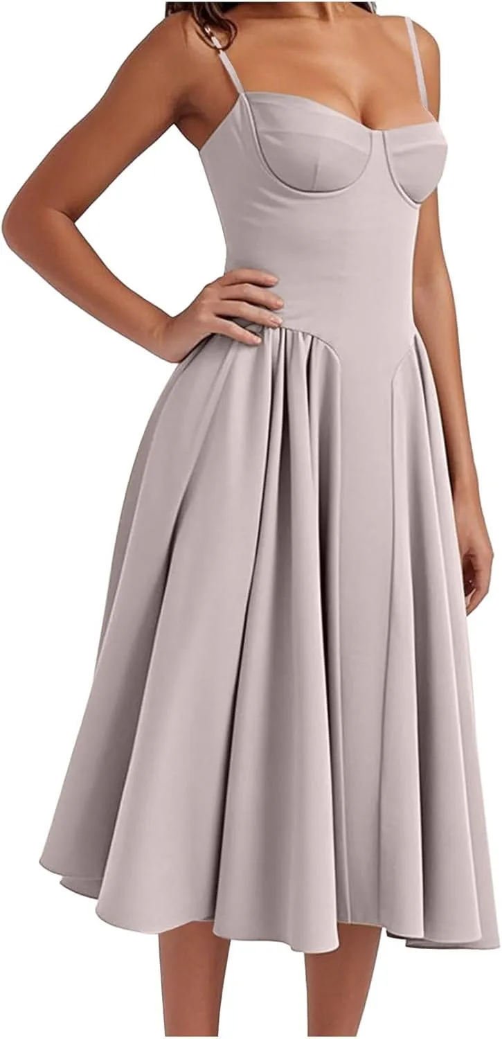 2025 Corset Dress for Women Elegant Spaghetti Strap Bustier Midi Dress Flowy Pleated Hem Prom Dresses with Pockets