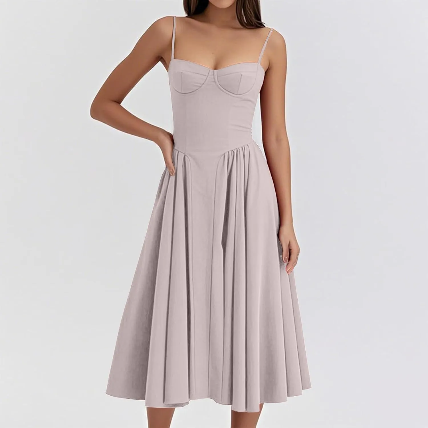 2025 Corset Dress for Women Elegant Spaghetti Strap Bustier Midi Dress Flowy Pleated Hem Prom Dresses with Pockets