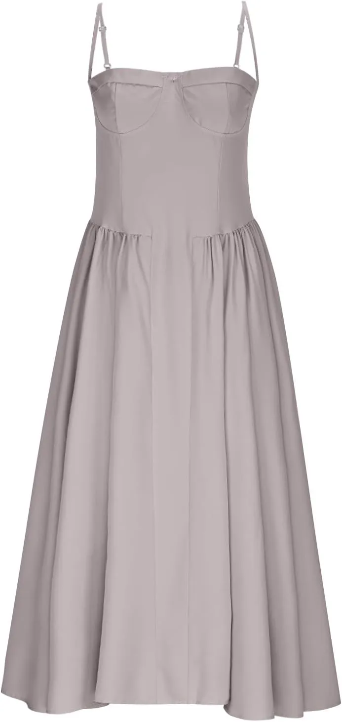 2025 Corset Dress for Women Elegant Spaghetti Strap Bustier Midi Dress Flowy Pleated Hem Prom Dresses with Pockets