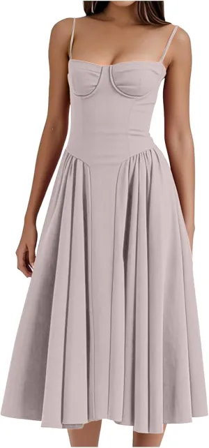 2025 Corset Dress for Women Elegant Spaghetti Strap Bustier Midi Dress Flowy Pleated Hem Prom Dresses with Pockets