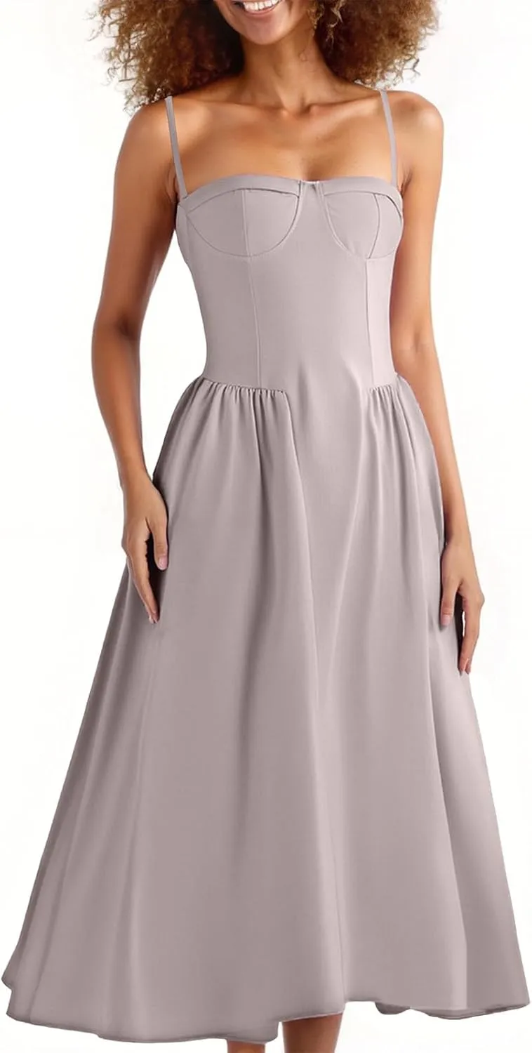 2025 Corset Dress for Women Elegant Spaghetti Strap Bustier Midi Dress Flowy Pleated Hem Prom Dresses with Pockets