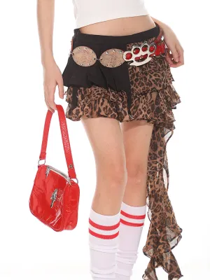 【24s Aug.】Leopard Print Ribbon Irregular Patchwork Skirt