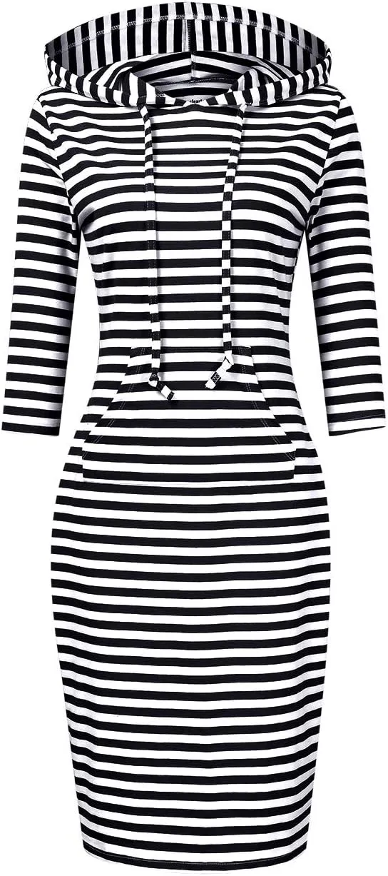 3/4 Sleeve Hoodie Dress for Women with Pockets Knee Length Pullover, Black and White Striped Hoodie Dress L