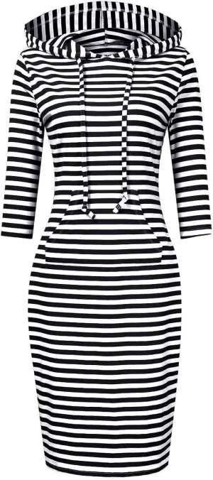 3/4 Sleeve Hoodie Dress for Women with Pockets Knee Length Pullover, Black and White Striped Hoodie Dress L