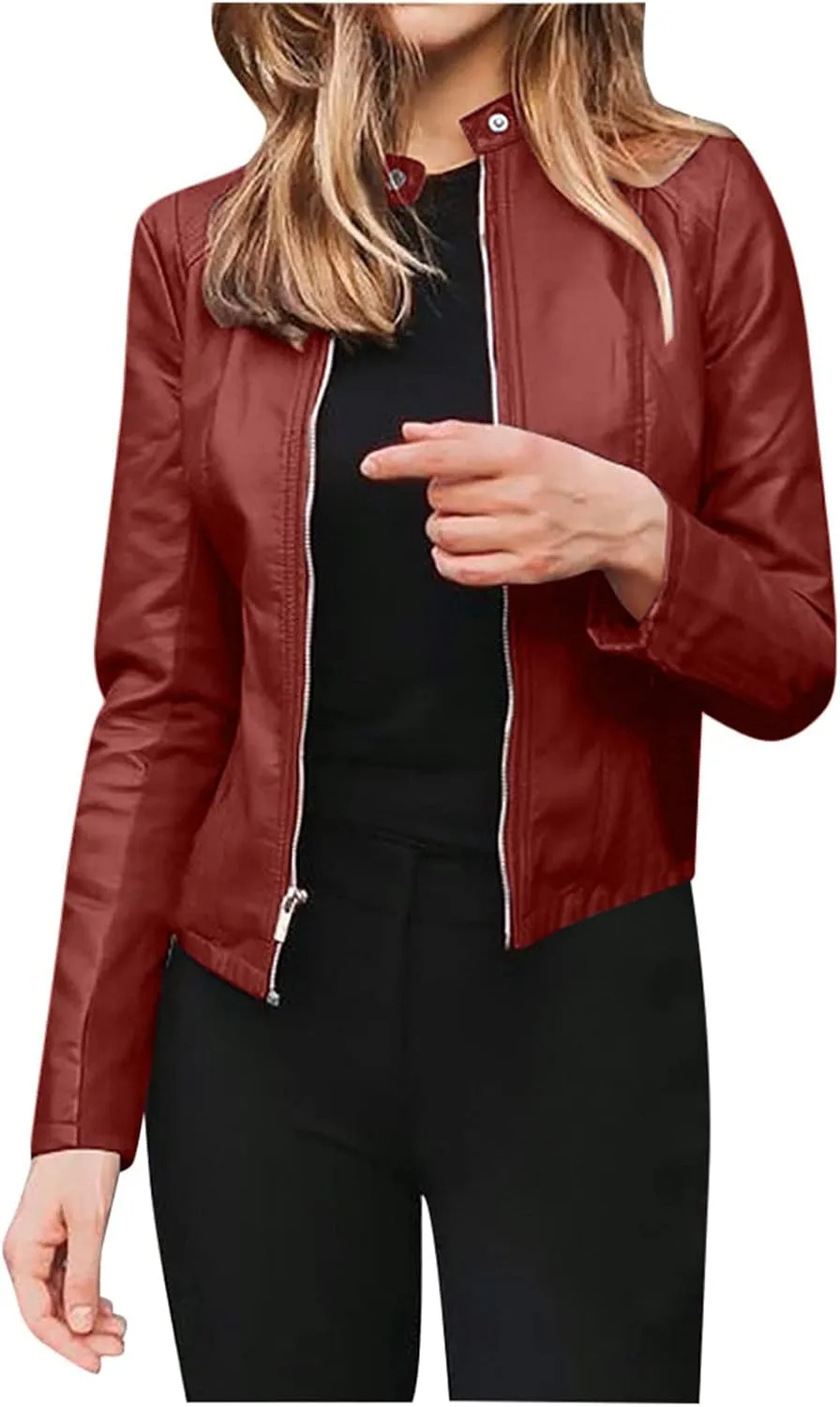 5665 Womens Winter Leather Jackets Black Zip Motorcycle Jacket Quilted Lightweight Coat Vegan Pu Leather Outerwear