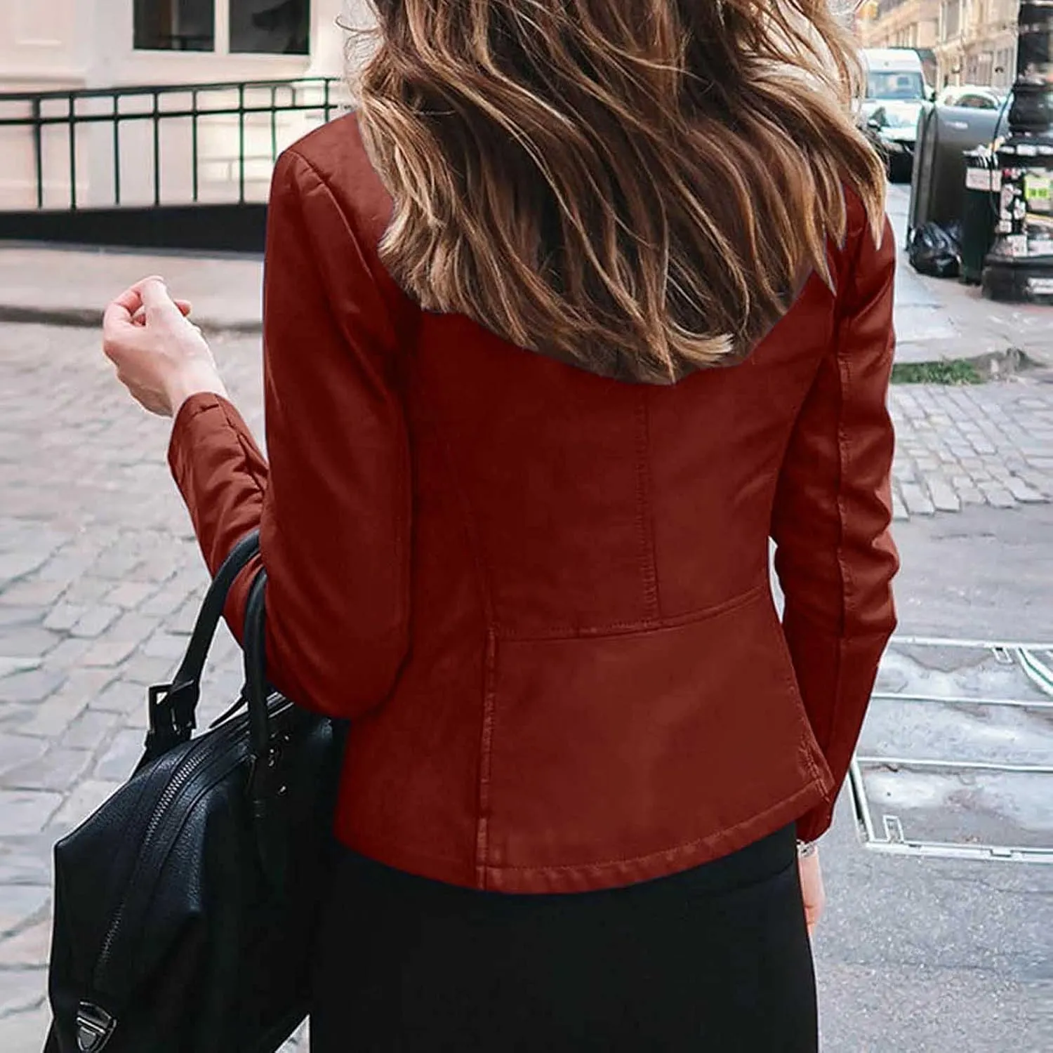 5665 Womens Winter Leather Jackets Black Zip Motorcycle Jacket Quilted Lightweight Coat Vegan Pu Leather Outerwear