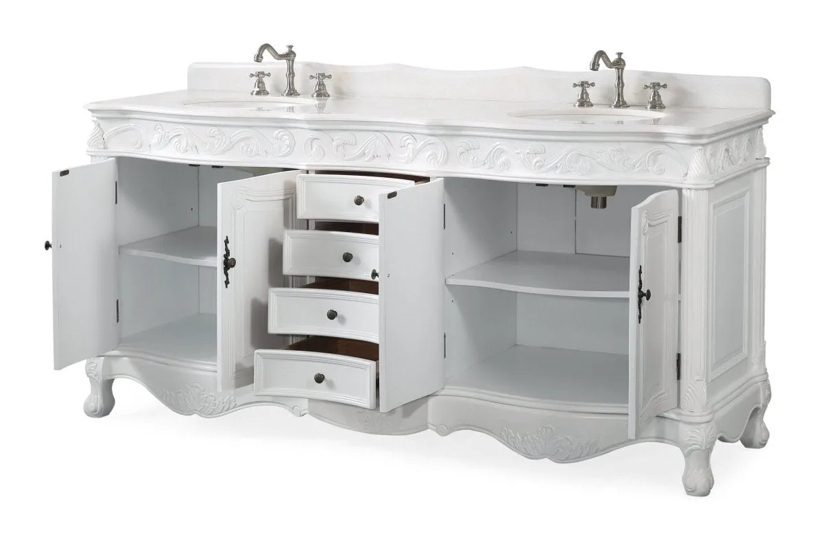 72 Inch Antique White Traditional Style Double Sink White Top Beckham Bathroom Vanity