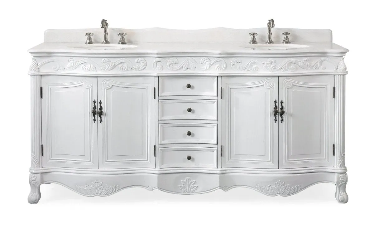 72 Inch Antique White Traditional Style Double Sink White Top Beckham Bathroom Vanity