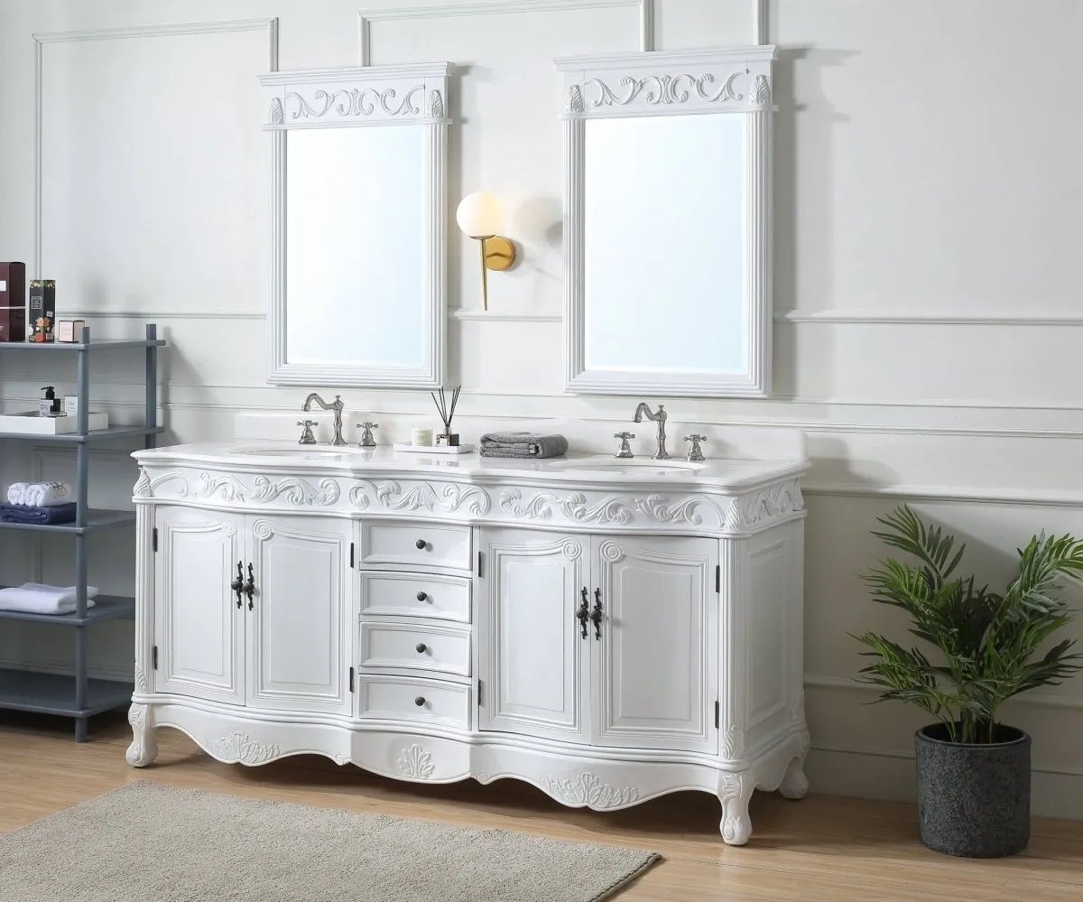 72 Inch Antique White Traditional Style Double Sink White Top Beckham Bathroom Vanity