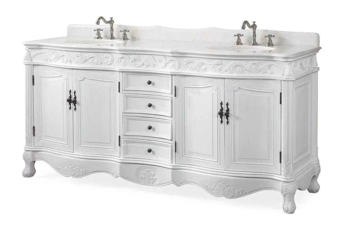 72 Inch Antique White Traditional Style Double Sink White Top Beckham Bathroom Vanity