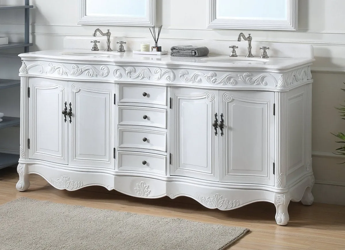72 Inch Antique White Traditional Style Double Sink White Top Beckham Bathroom Vanity