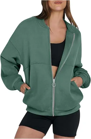 Akklian Women's Zip Up Sweatshirt Jacket No Hood Long Sleeve Casual Loose Outwear with Pockets 2024 Oversized Fashion Clothes