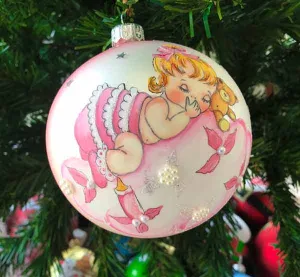 Baby with teddy bear glass Christmas bauble- pink- 100mm