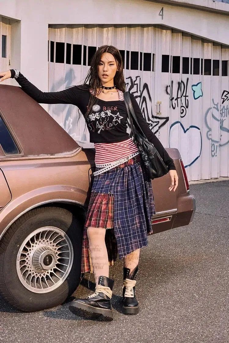 Beer Irregular Plaid Spliced Skirt