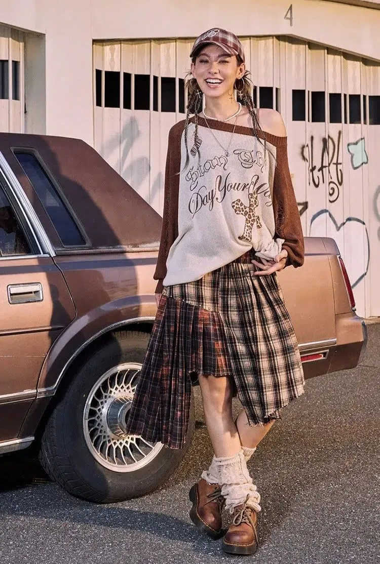 Beer Irregular Plaid Spliced Skirt