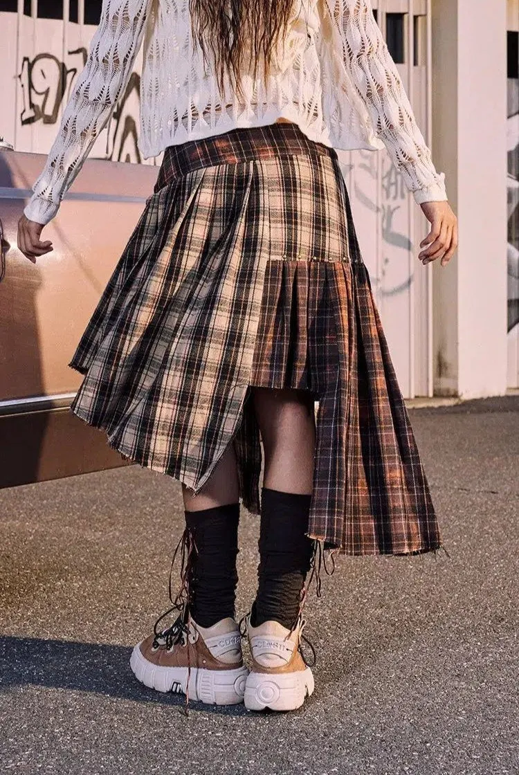 Beer Irregular Plaid Spliced Skirt
