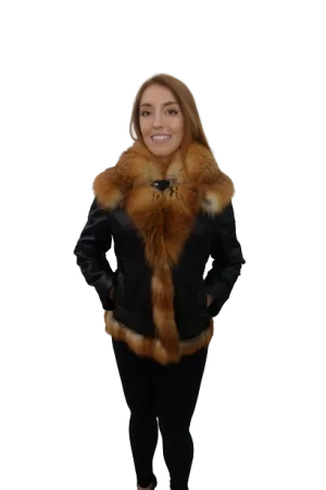 Black Lambskin Leather jacket with red Fox Trim and Zip Out  sleeves