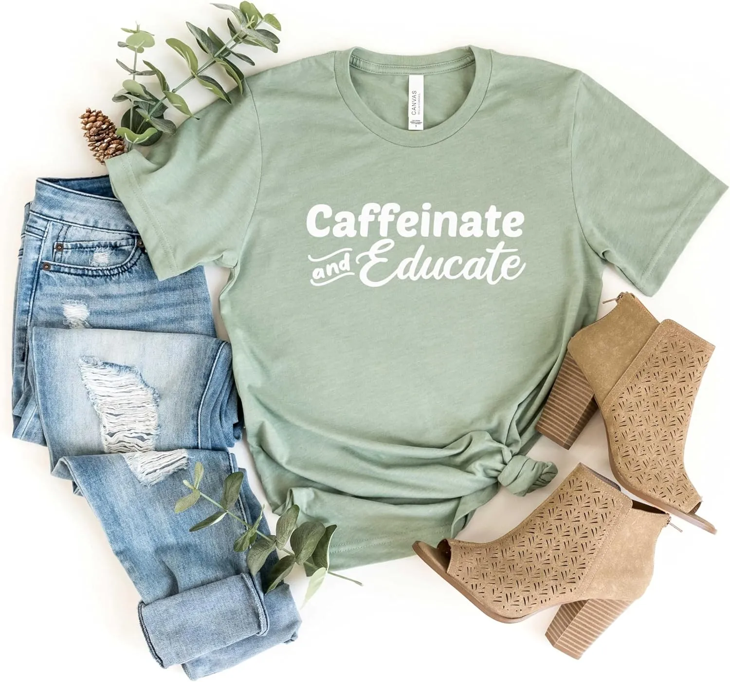 Blue Sand Textiles Caffeinate and Educate Shirt. Teacher Shirt. Unisex Coffee T-Shirt. Teacher Clothes. Teacher Outfits.