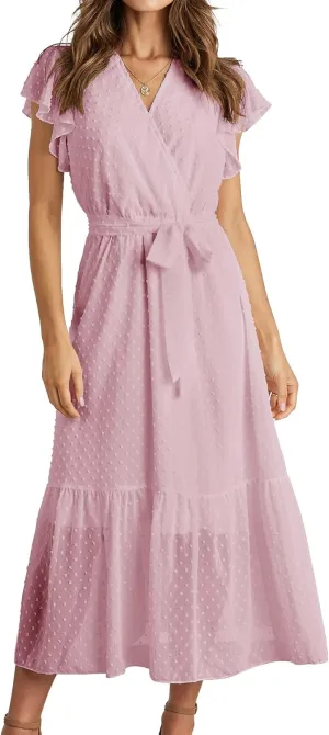 BTFBM Women Summer Bohemian Floral Casual Wrap V Neck Ruffle Cap Sleeveless Belt A-Line Pleated Hem Midi Sun Dress White