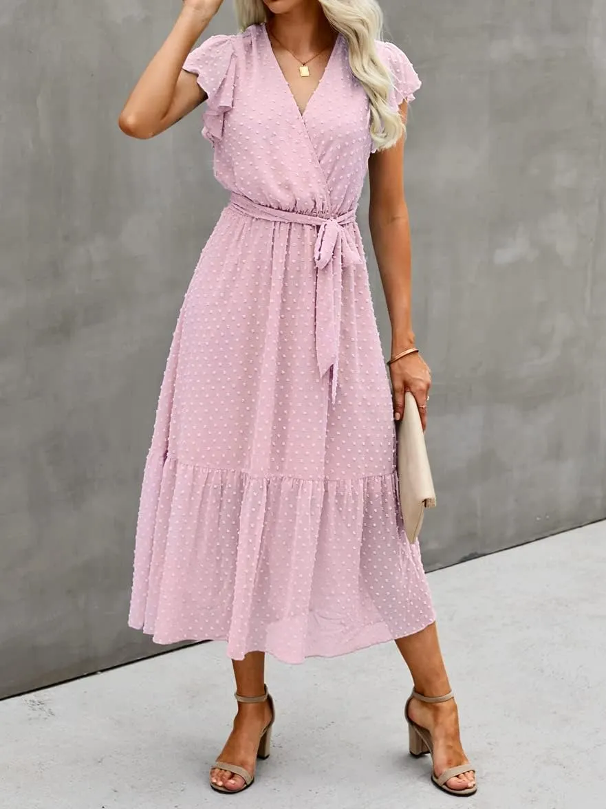 BTFBM Women Summer Bohemian Floral Casual Wrap V Neck Ruffle Cap Sleeveless Belt A-Line Pleated Hem Midi Sun Dress White
