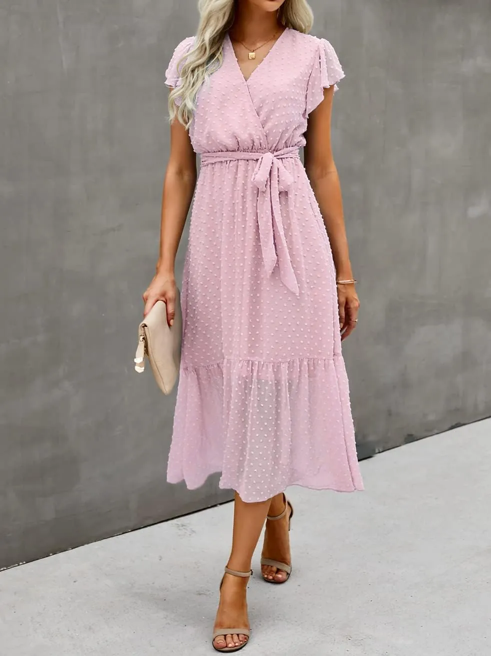 BTFBM Women Summer Bohemian Floral Casual Wrap V Neck Ruffle Cap Sleeveless Belt A-Line Pleated Hem Midi Sun Dress White