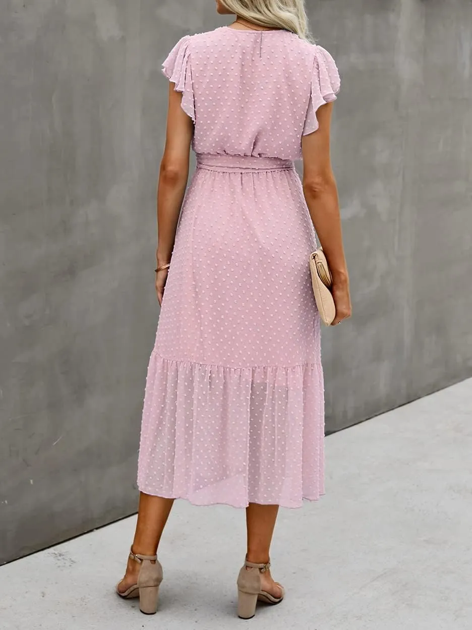 BTFBM Women Summer Bohemian Floral Casual Wrap V Neck Ruffle Cap Sleeveless Belt A-Line Pleated Hem Midi Sun Dress White