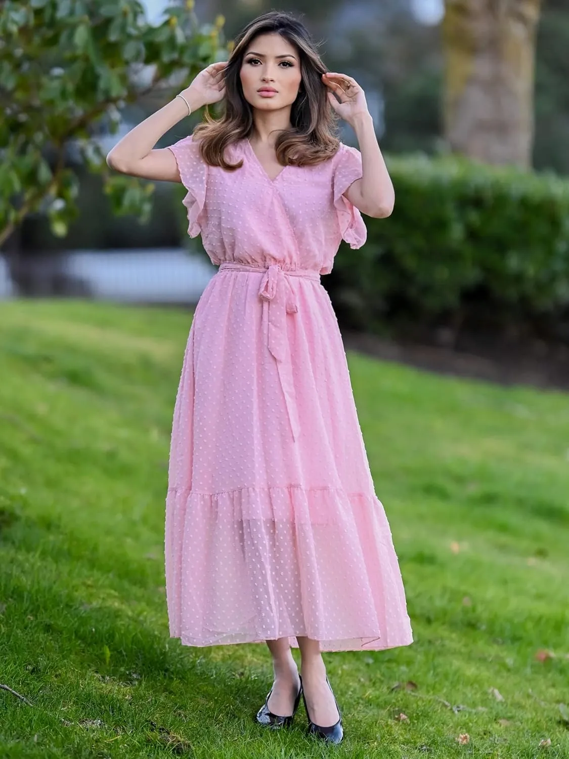 BTFBM Women Summer Bohemian Floral Casual Wrap V Neck Ruffle Cap Sleeveless Belt A-Line Pleated Hem Midi Sun Dress White