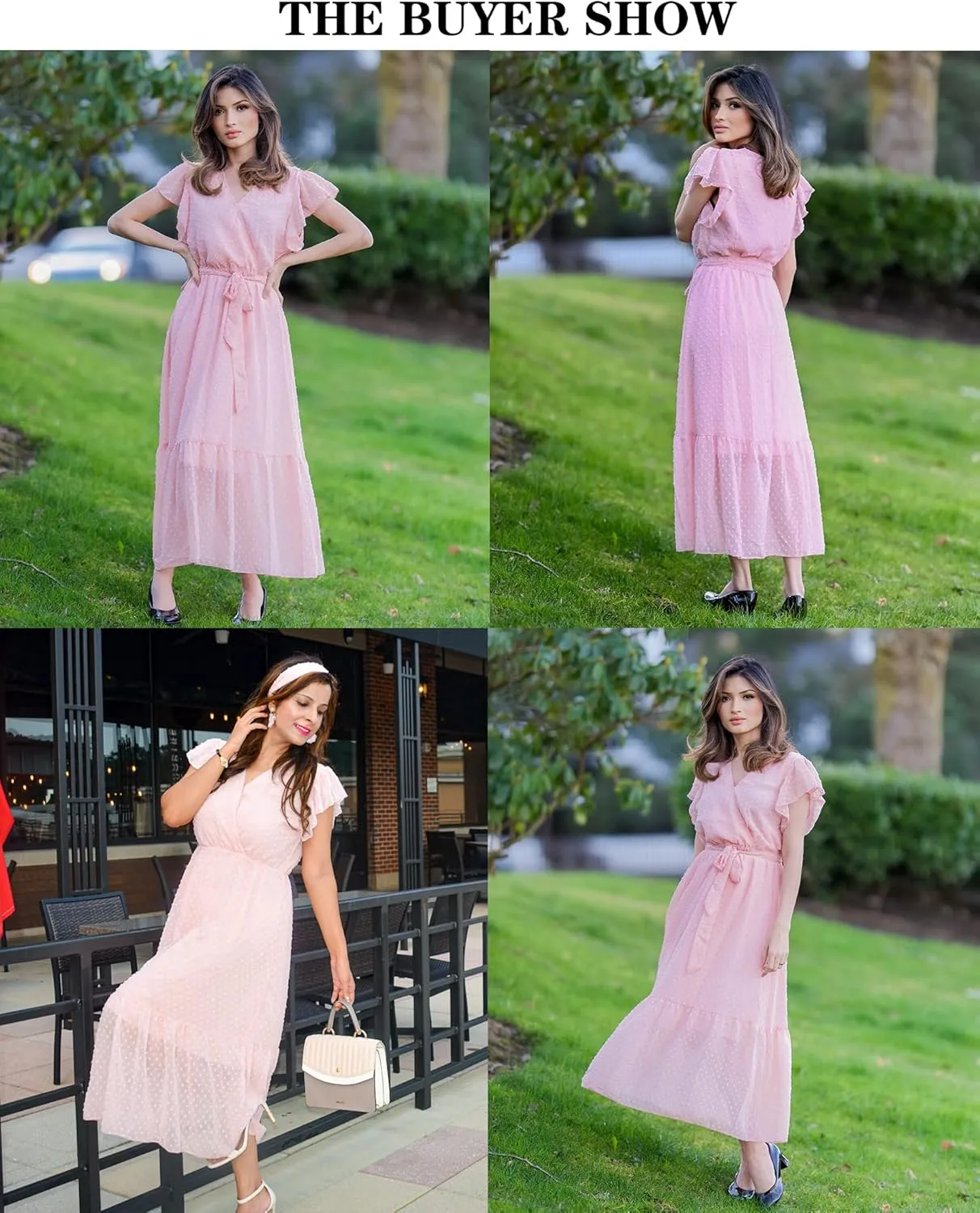 BTFBM Women Summer Bohemian Floral Casual Wrap V Neck Ruffle Cap Sleeveless Belt A-Line Pleated Hem Midi Sun Dress White