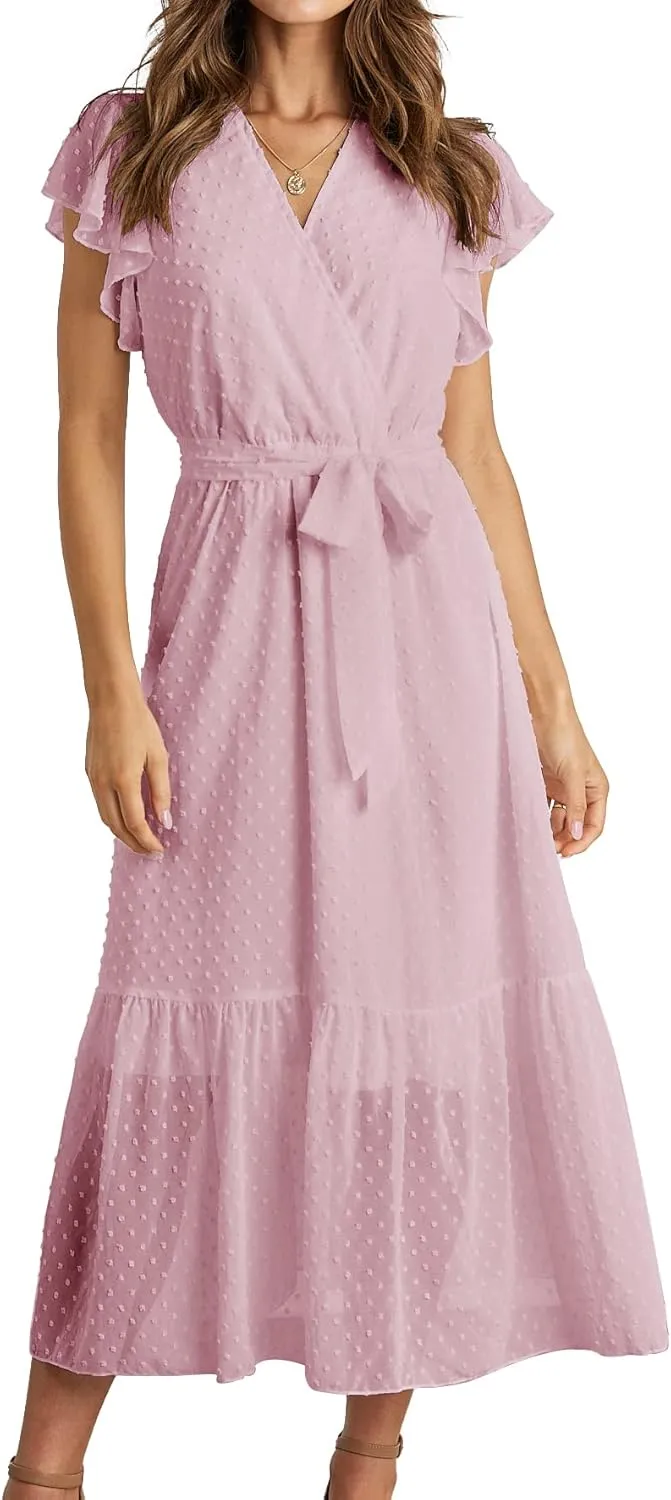 BTFBM Women Summer Bohemian Floral Casual Wrap V Neck Ruffle Cap Sleeveless Belt A-Line Pleated Hem Midi Sun Dress White