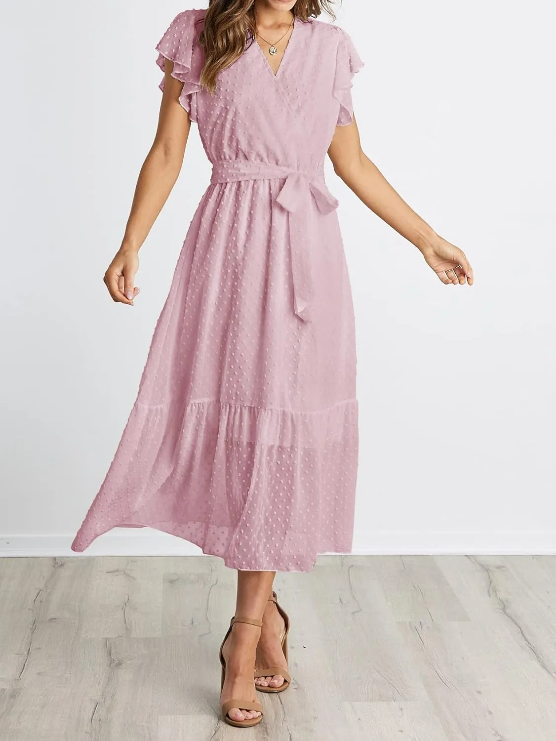BTFBM Women Summer Bohemian Floral Casual Wrap V Neck Ruffle Cap Sleeveless Belt A-Line Pleated Hem Midi Sun Dress White