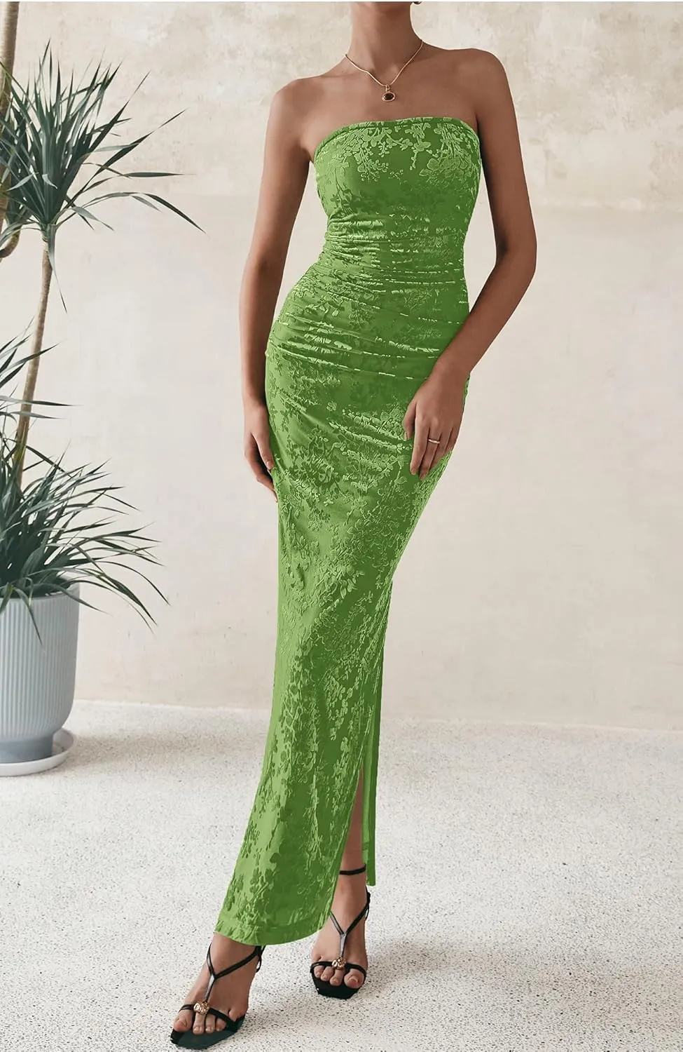 BTFBM Women's Summer Maxi Tube Dress Strapless Side Slit Long Floral Bodycon Dress Elegant Party Cocktail Dresses