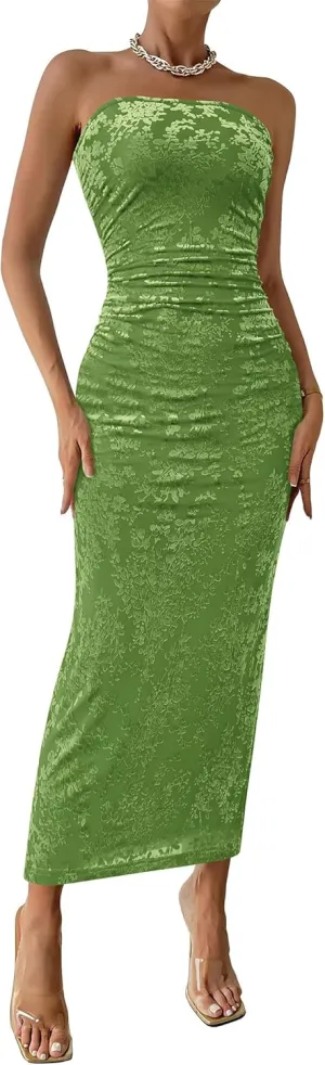 BTFBM Women's Summer Maxi Tube Dress Strapless Side Slit Long Floral Bodycon Dress Elegant Party Cocktail Dresses