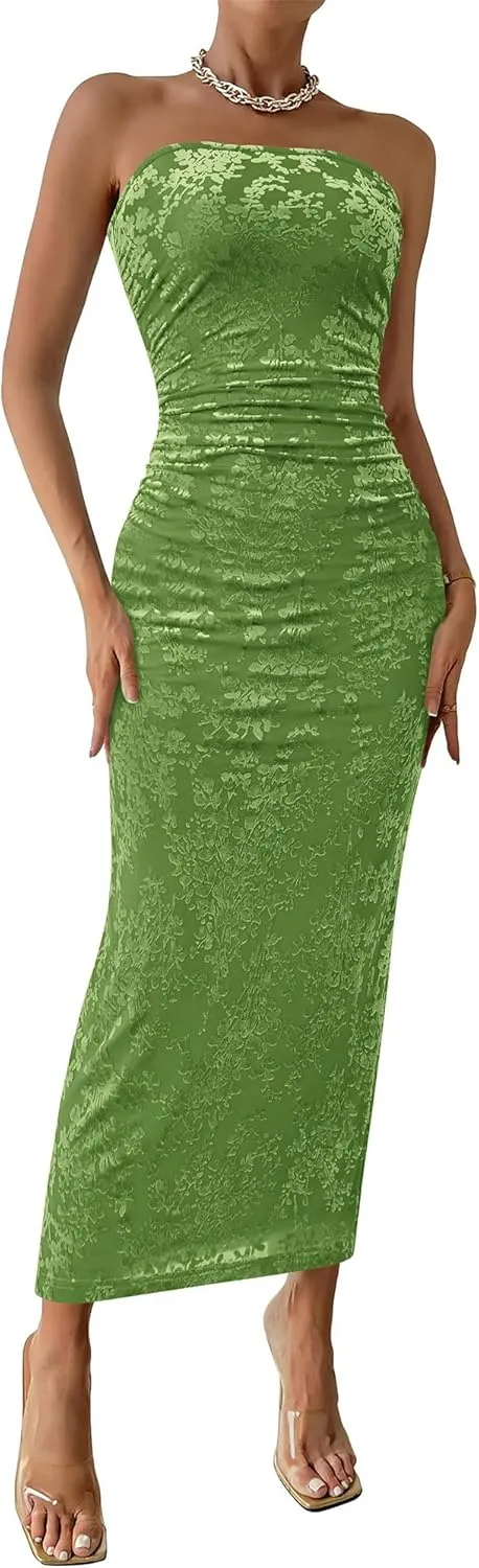 BTFBM Women's Summer Maxi Tube Dress Strapless Side Slit Long Floral Bodycon Dress Elegant Party Cocktail Dresses