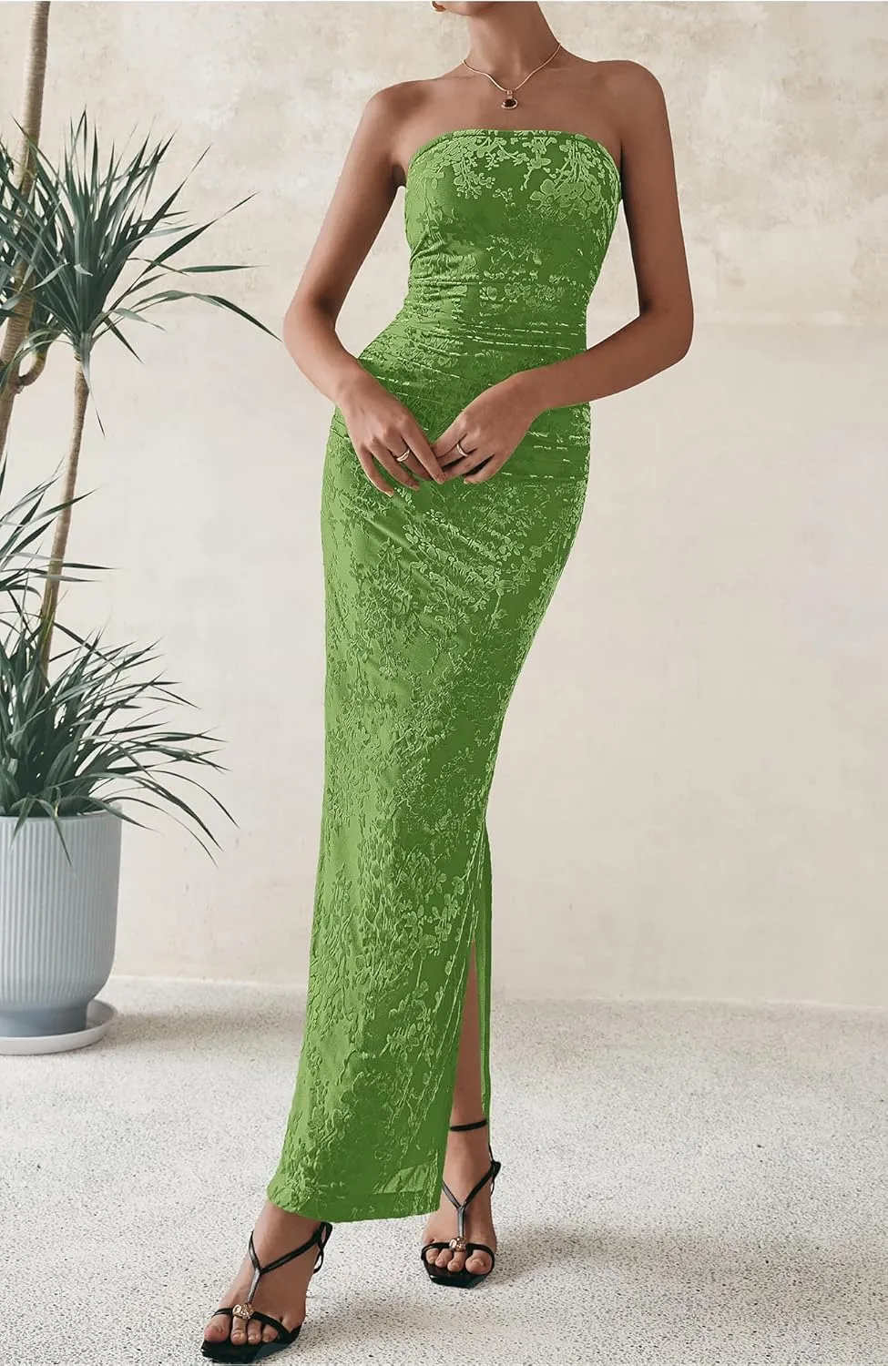 BTFBM Women's Summer Maxi Tube Dress Strapless Side Slit Long Floral Bodycon Dress Elegant Party Cocktail Dresses
