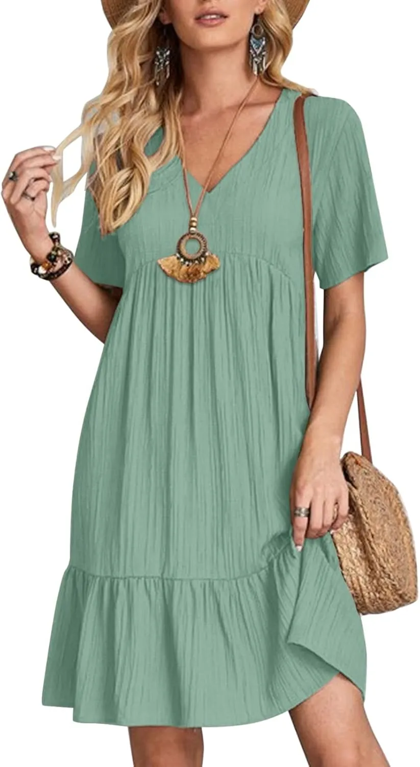 Casual Summer Dresses for Women 2025,Womens Summer Vacation Solid Color Sundresses with Sleeves Trendy Loose Beach Dress