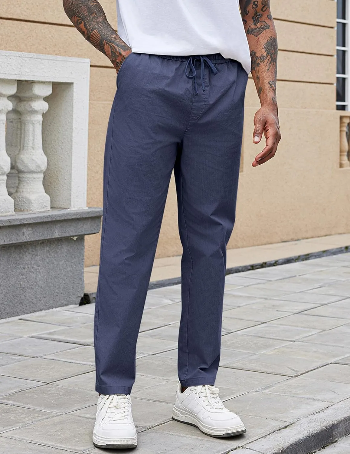 COOFANDY Mens Casual Pants Elastic Waist Drawstring Chino Pants Cotton Twill Trousers with Pockets