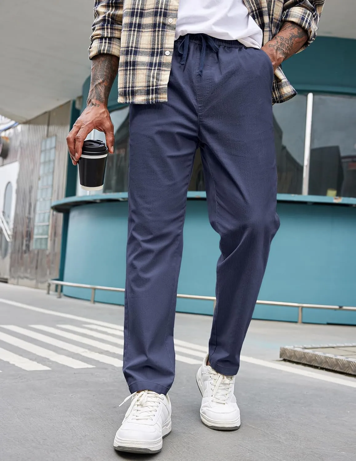COOFANDY Mens Casual Pants Elastic Waist Drawstring Chino Pants Cotton Twill Trousers with Pockets