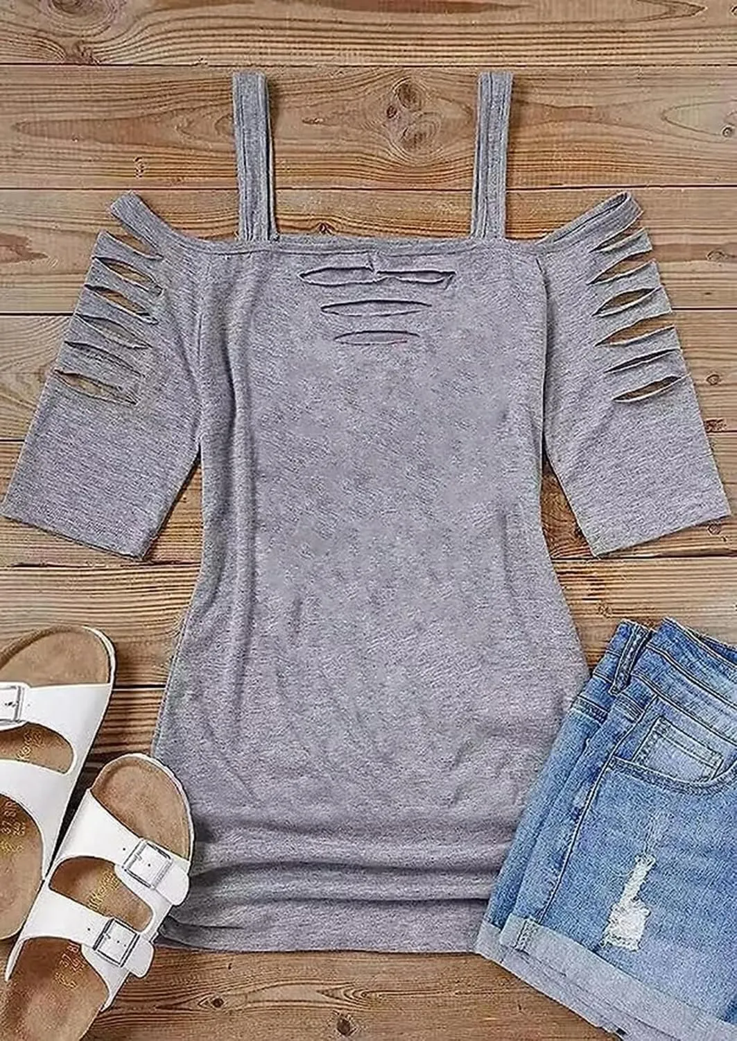 Cut Out Cold Shoulder Square Collar Shirt Women Lacerated 3/4 Sleeve Blouse Cut Out Sexy Hollow Out Casual Tee Tops