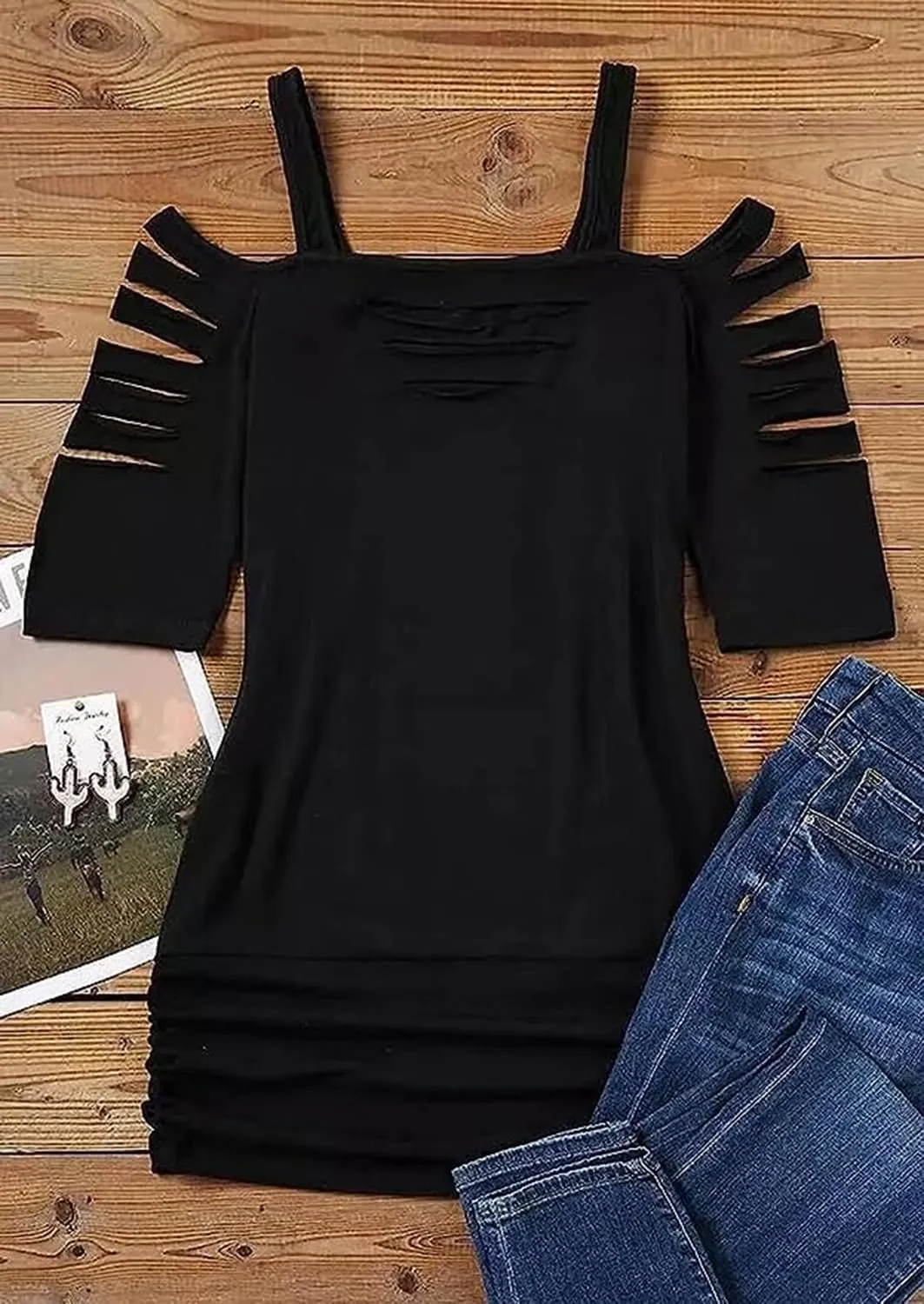 Cut Out Cold Shoulder Square Collar Shirt Women Lacerated 3/4 Sleeve Blouse Cut Out Sexy Hollow Out Casual Tee Tops