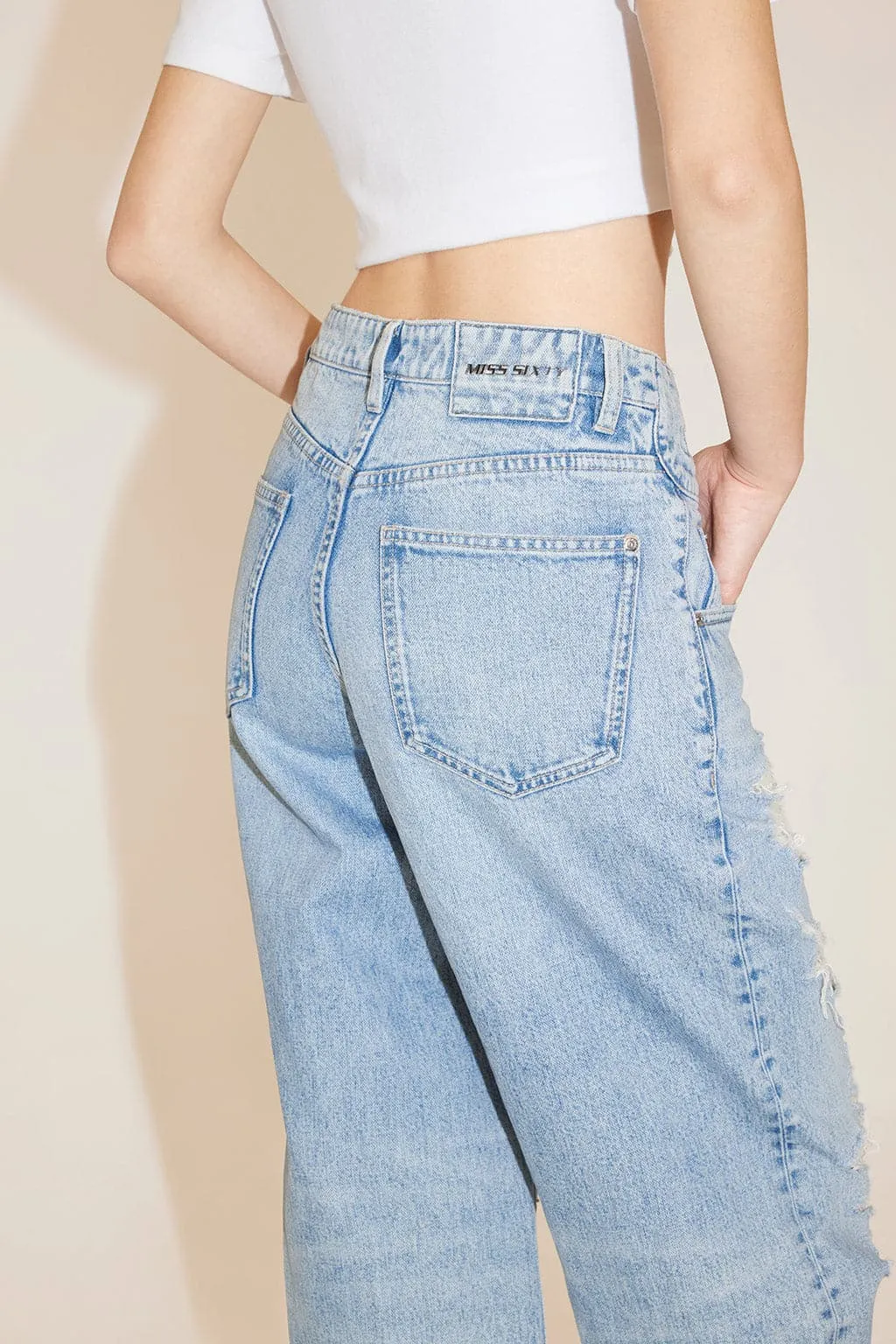 Cut Out Waist Ripped Wide Leg Jeans