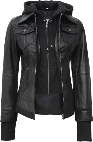 Decrum Hooded Leather Jacket Women - Real Lambskin Womens Leather Jacket with Removable Hood