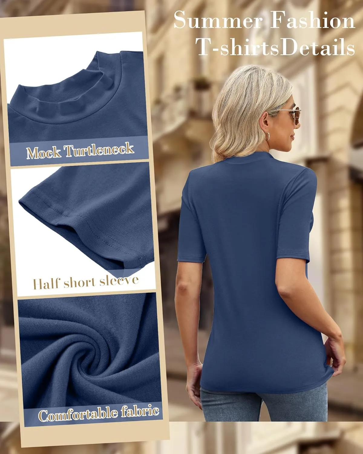 Ficerd 2 Pack Women's Mock Turtleneck T Shirts, Half Sleeve Business Casual Tunic Tops Slim Fit Summer Basic Dressy Tee Shirt