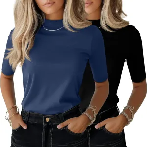 Ficerd 2 Pack Women's Mock Turtleneck T Shirts, Half Sleeve Business Casual Tunic Tops Slim Fit Summer Basic Dressy Tee Shirt