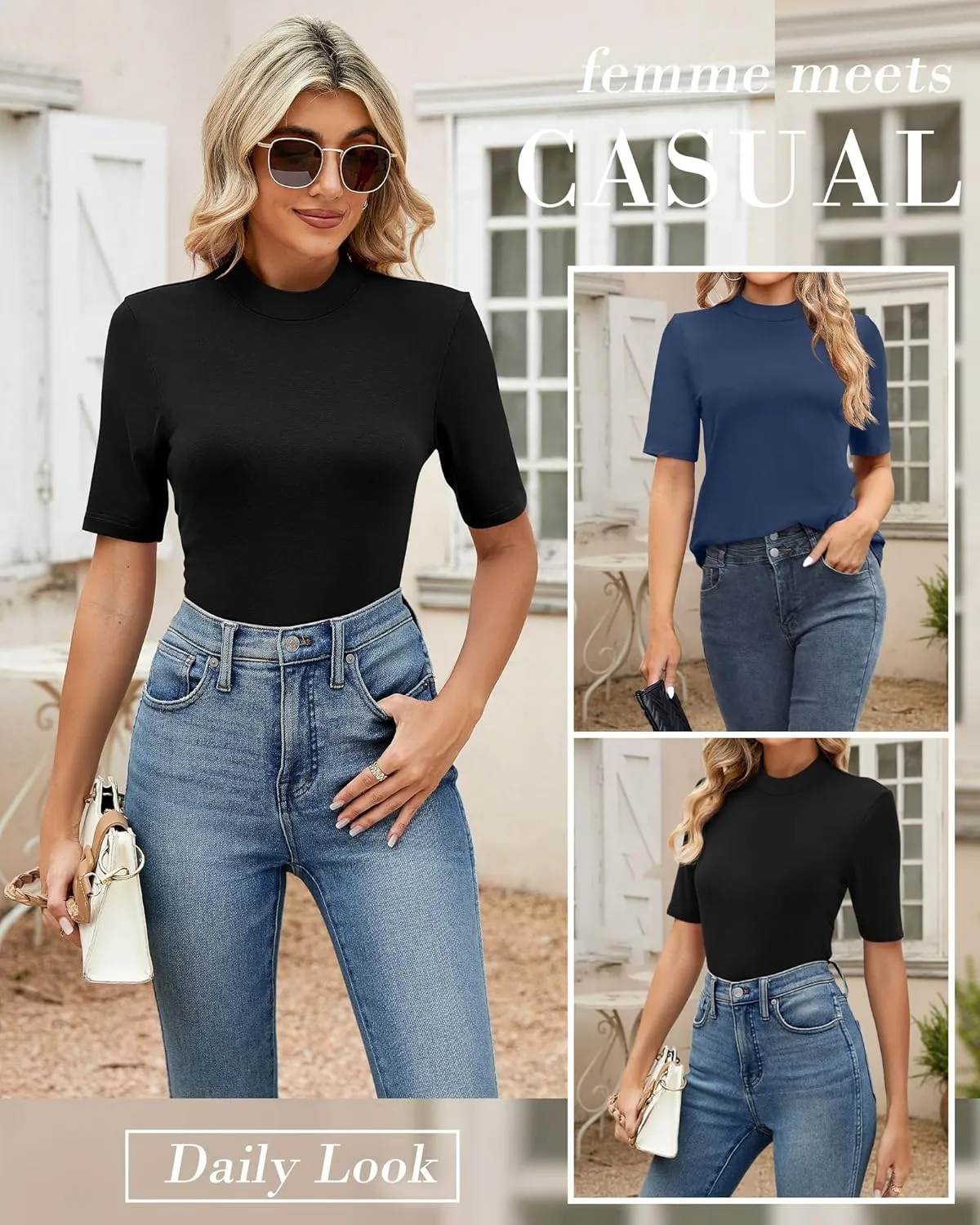 Ficerd 2 Pack Women's Mock Turtleneck T Shirts, Half Sleeve Business Casual Tunic Tops Slim Fit Summer Basic Dressy Tee Shirt