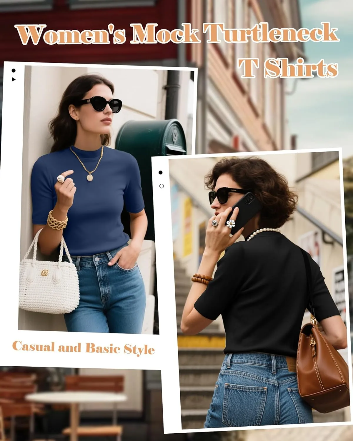 Ficerd 2 Pack Women's Mock Turtleneck T Shirts, Half Sleeve Business Casual Tunic Tops Slim Fit Summer Basic Dressy Tee Shirt