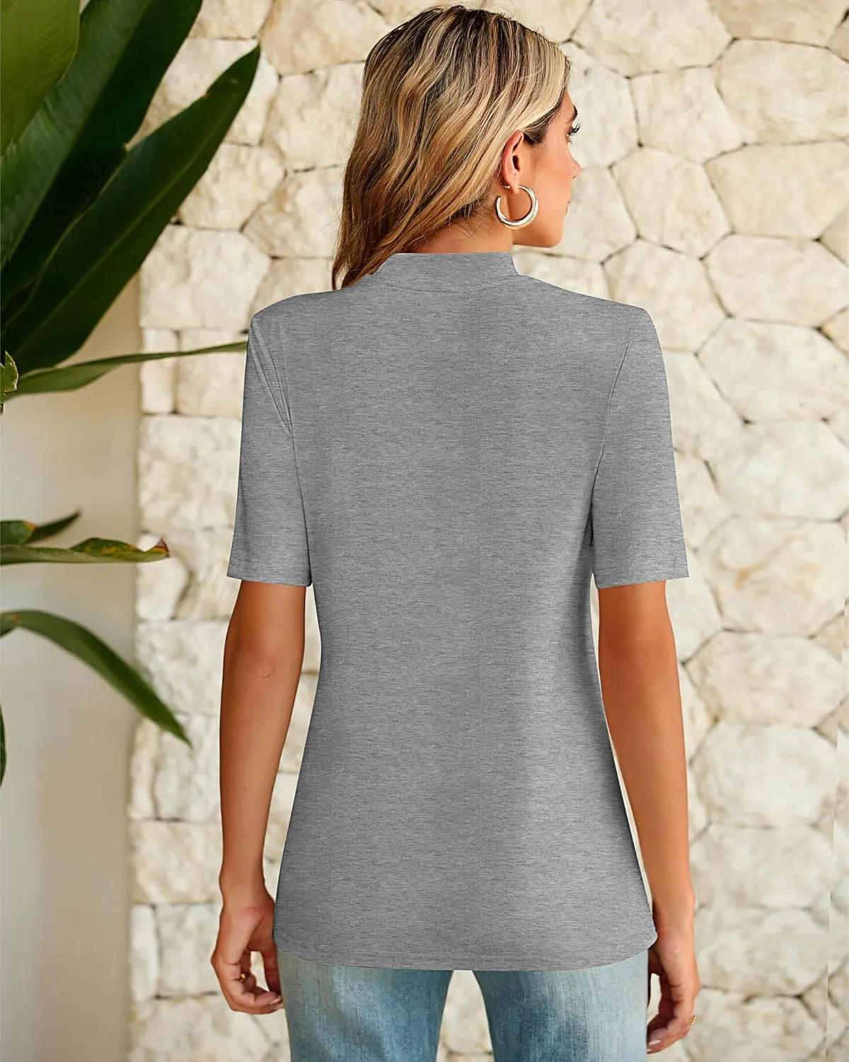 Ficerd 3 Pack Women's Mock Turtleneck Shirts, Half Short Sleeve Tops Dressy Casual High Mock Neck T Shirt Summer Basic Blouse