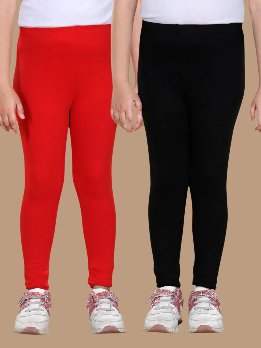 Girl's Pack Of 2 Solid Leggings- Red & Black - Stylestone Kid