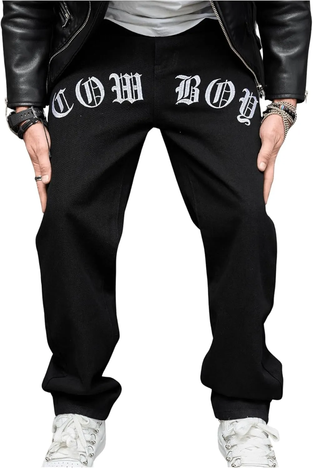 GORGLITTER Men's Black Wide-Leg Y2k Skater Jeans, Loose Fit, High Rise, S, M, L, XL, XXL