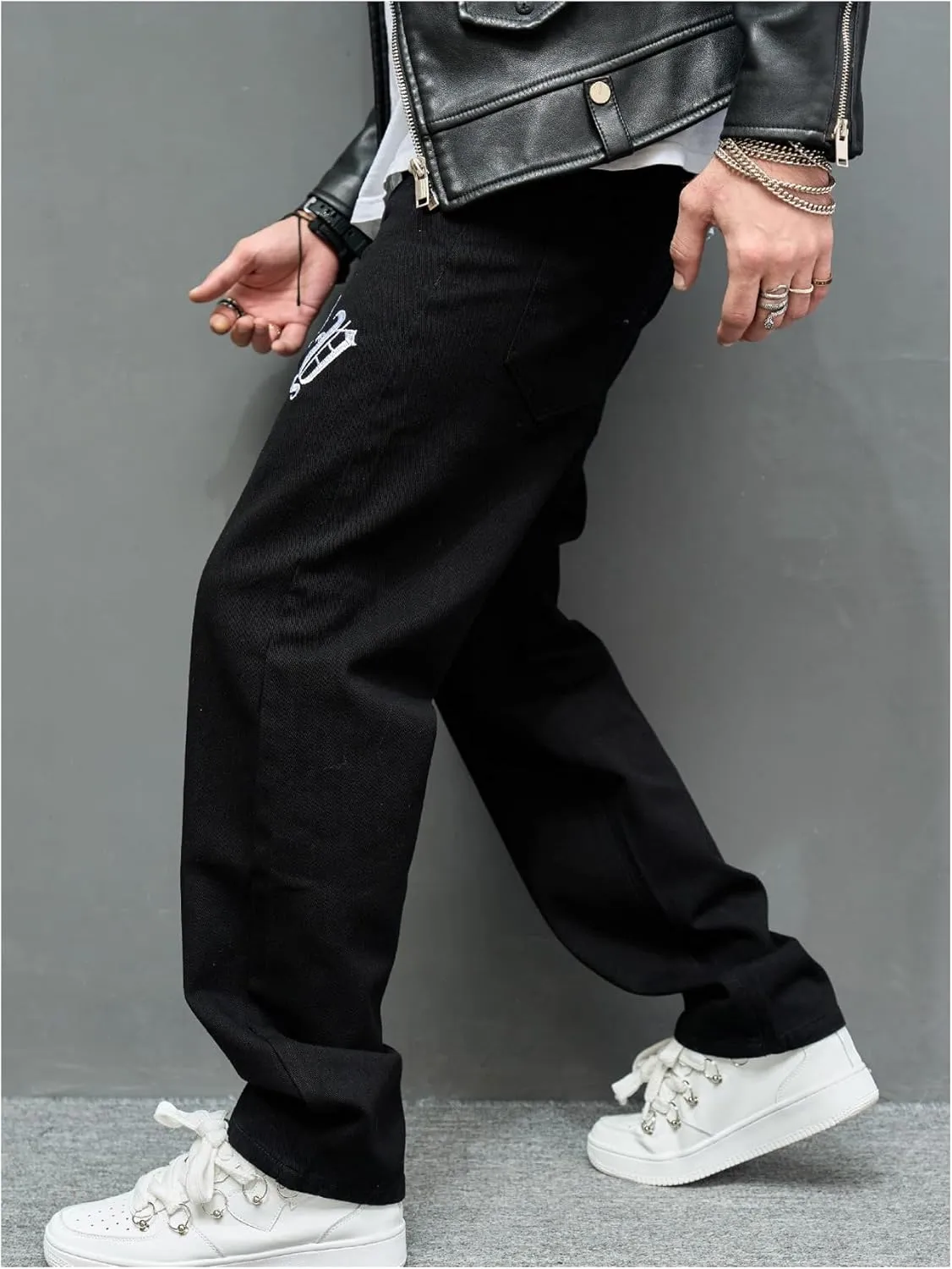 GORGLITTER Men's Black Wide-Leg Y2k Skater Jeans, Loose Fit, High Rise, S, M, L, XL, XXL